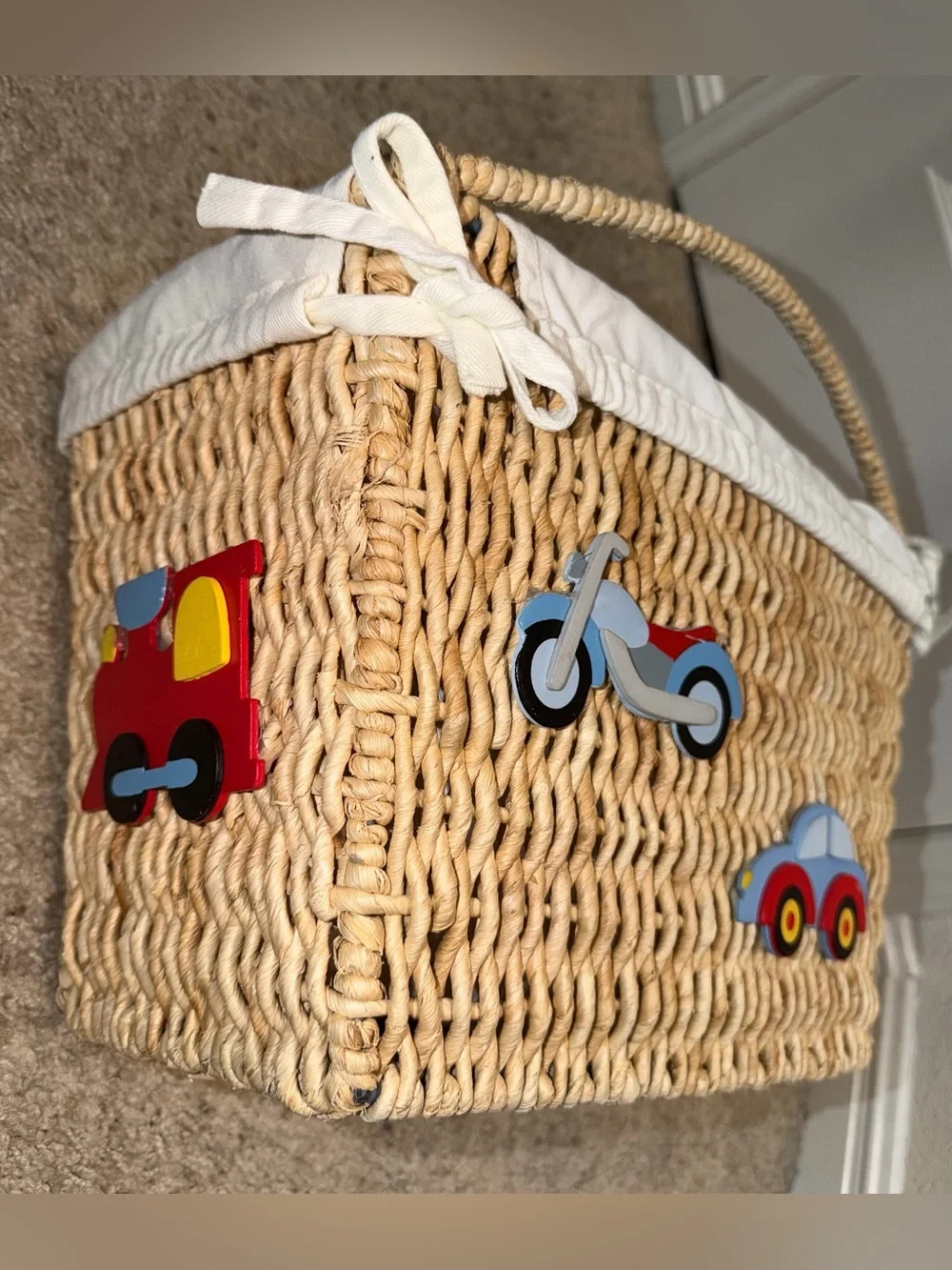 Kids Woven Toy or baby organization Basket, cream color Liner decorative Accents
